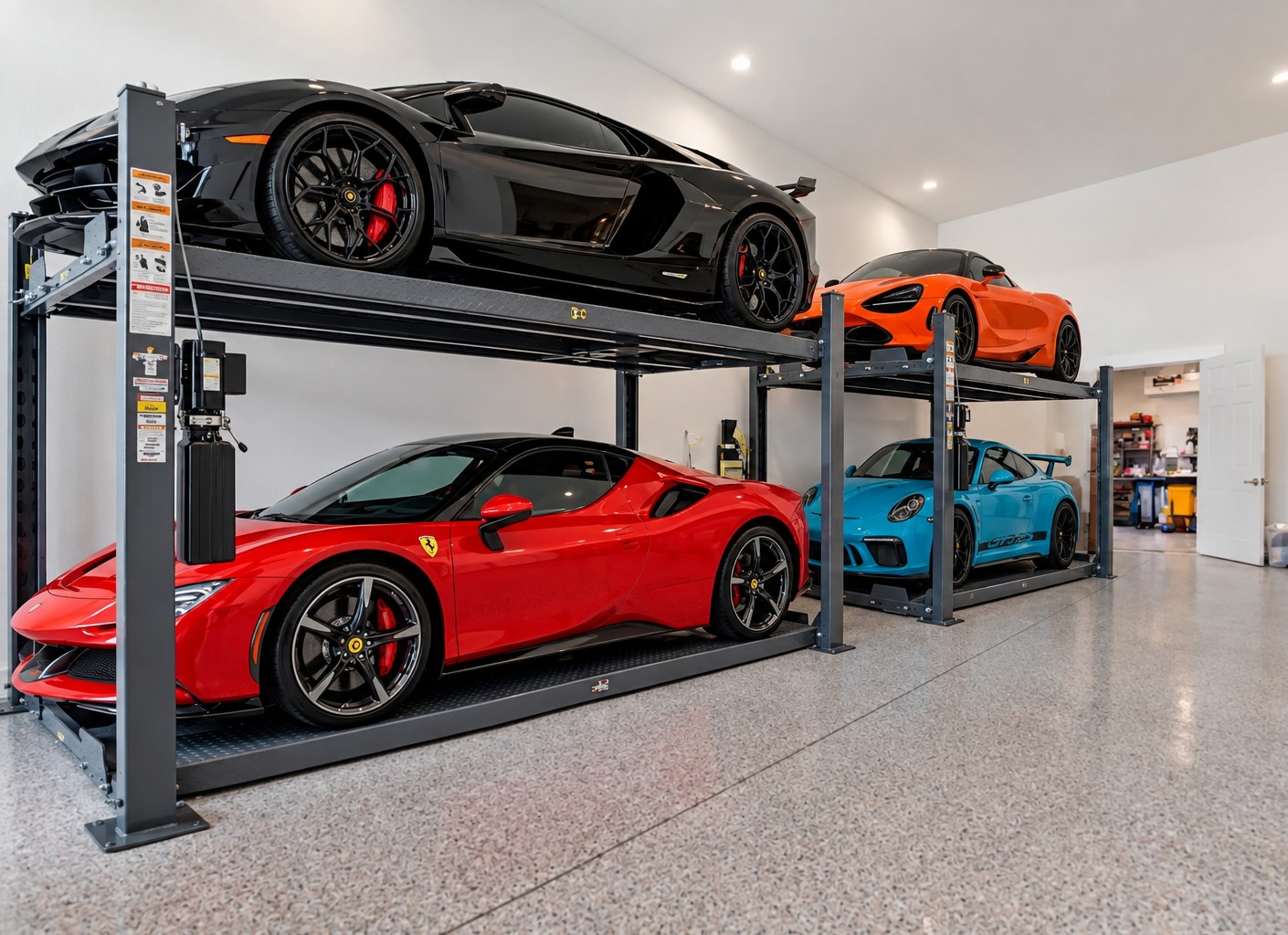 Garage interior showing car lifts — virtually staged